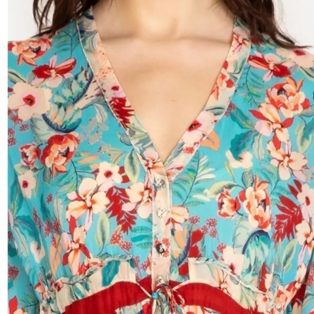 Johnny Was long sleeves floral adjustable waist tie button front closure dress - Picture 3 of 15